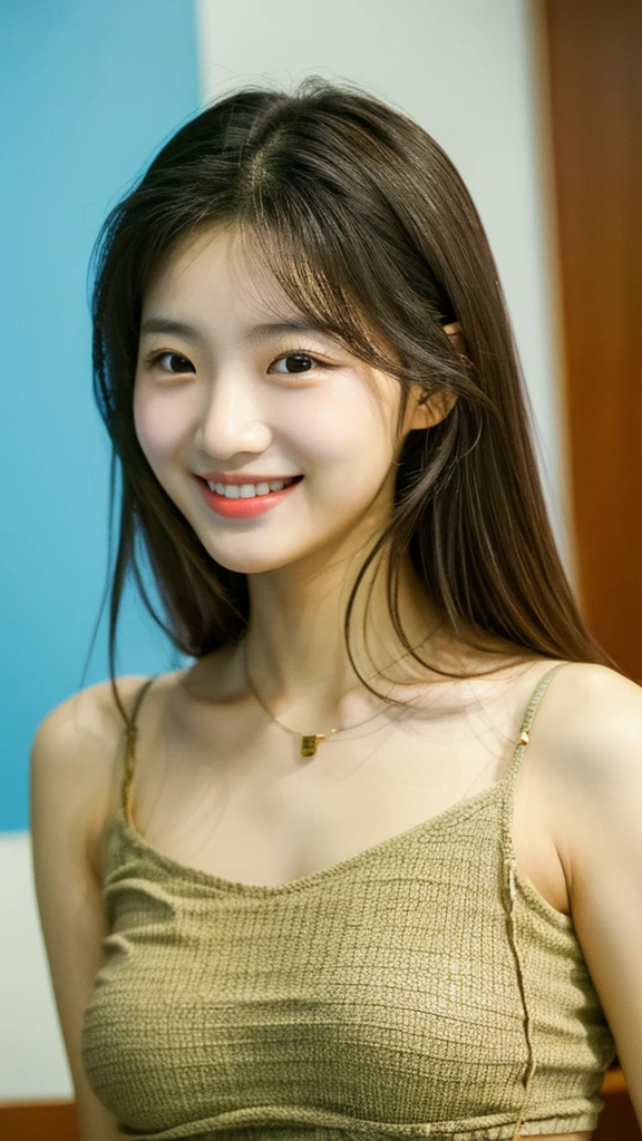 close-up of beautiful korean female, 34 inch breasts size, hair over shoulder, wearing tank top, in meeting room, fish hair ornament, light smile, Fujicolor, textured skin