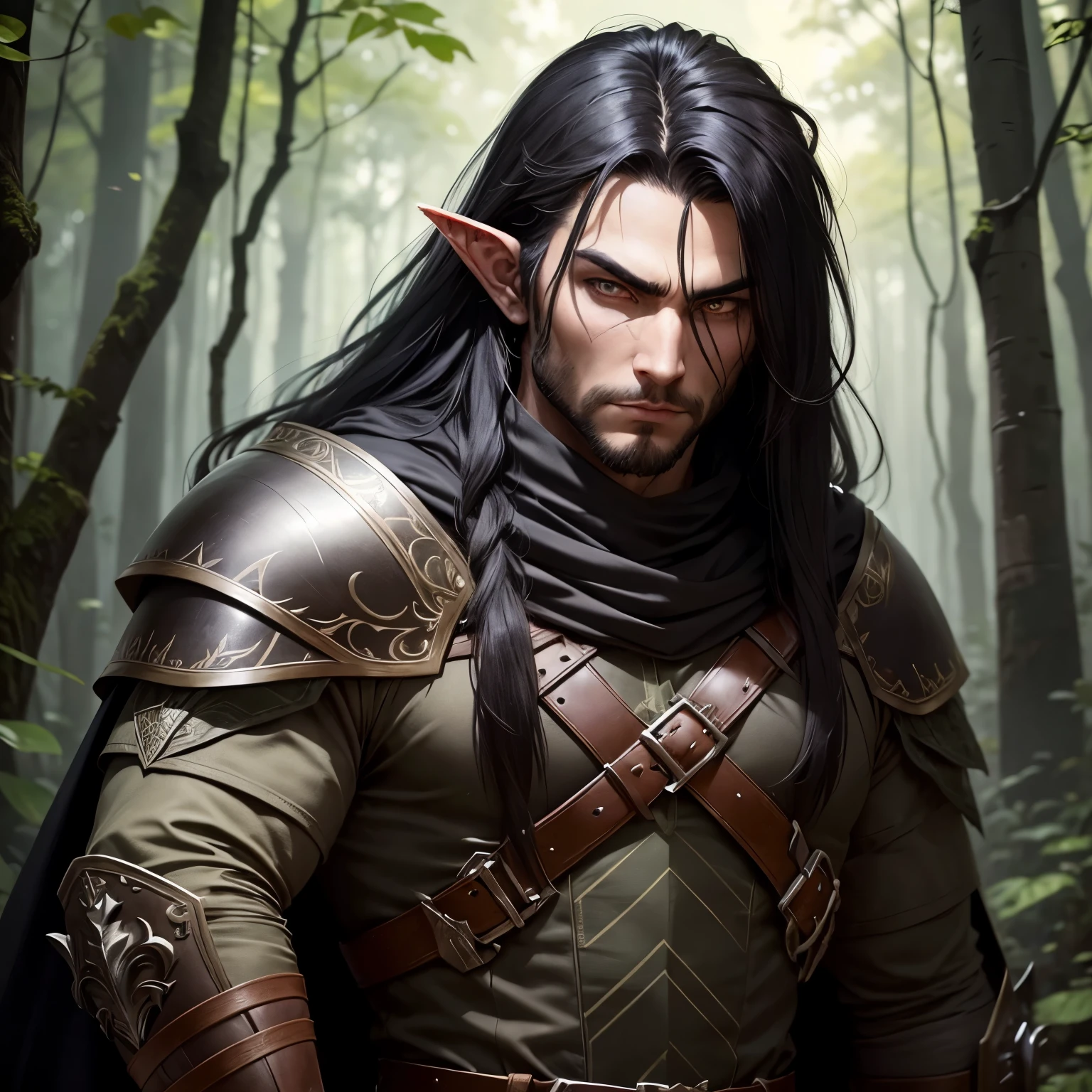 A male Elf Ranger. Born from the forest. Leather armor that blends in with the underbody and cape to become invisible. Long Black Hair with Chunky Design. The eyes seemed to scream like a wolf.His gaze would be intense and serious. ready for action at any time.