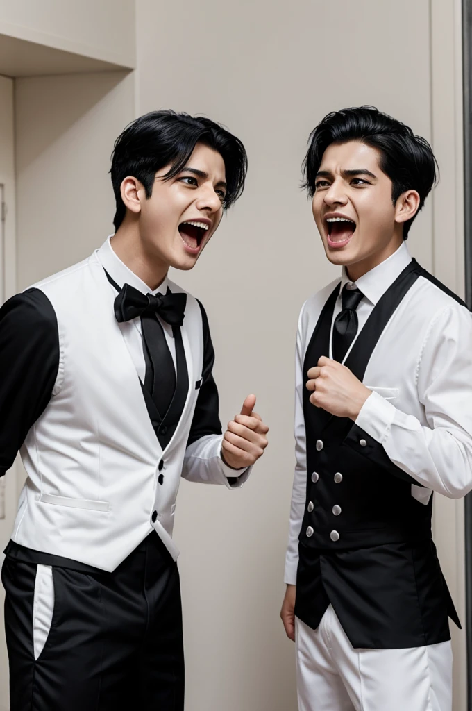 Black haired boy and white haired boy wearing maid suits and shouting at each other
