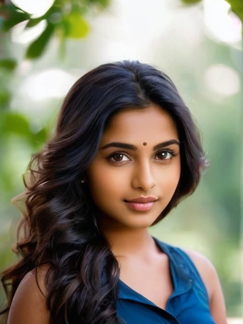 Maya is 18 year old indian girl. Maya stands tall at 70 inches (178 cm) and weighs 180 pounds (82 kg). Her chest measures 44 inches (112 cm), waist 38 inches (97 cm), and hips 46 inches (117 cm). She has intense hazel eyes that reflect her strong spirit, framed by thick, naturally arched eyebrows. Her broad and prominent nose adds to her distinctive look. Maya's full, expressive lips often wear a confident smile. Her medium-sized ears are adorned with simple earrings. Her thick, wavy, dark brown hair is often styled in a loose bun. Her deep tan skin tone gives her a powerful presence. Maya's tall and robust build commands attention, and her warm smile makes her approachable and friendly