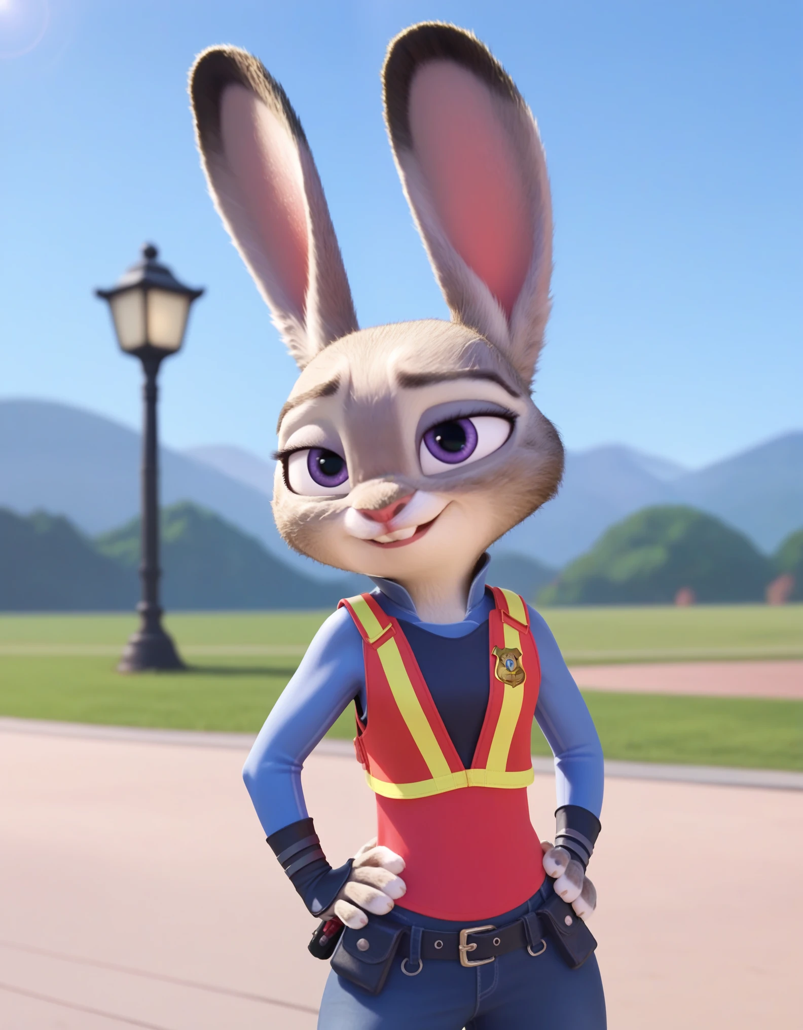 judyhopps, hand on hip, upper body, smug, raised hips, sad, cinematic, studio lighting, studio lights, gradient backdrop, score_7_up, score_8_up