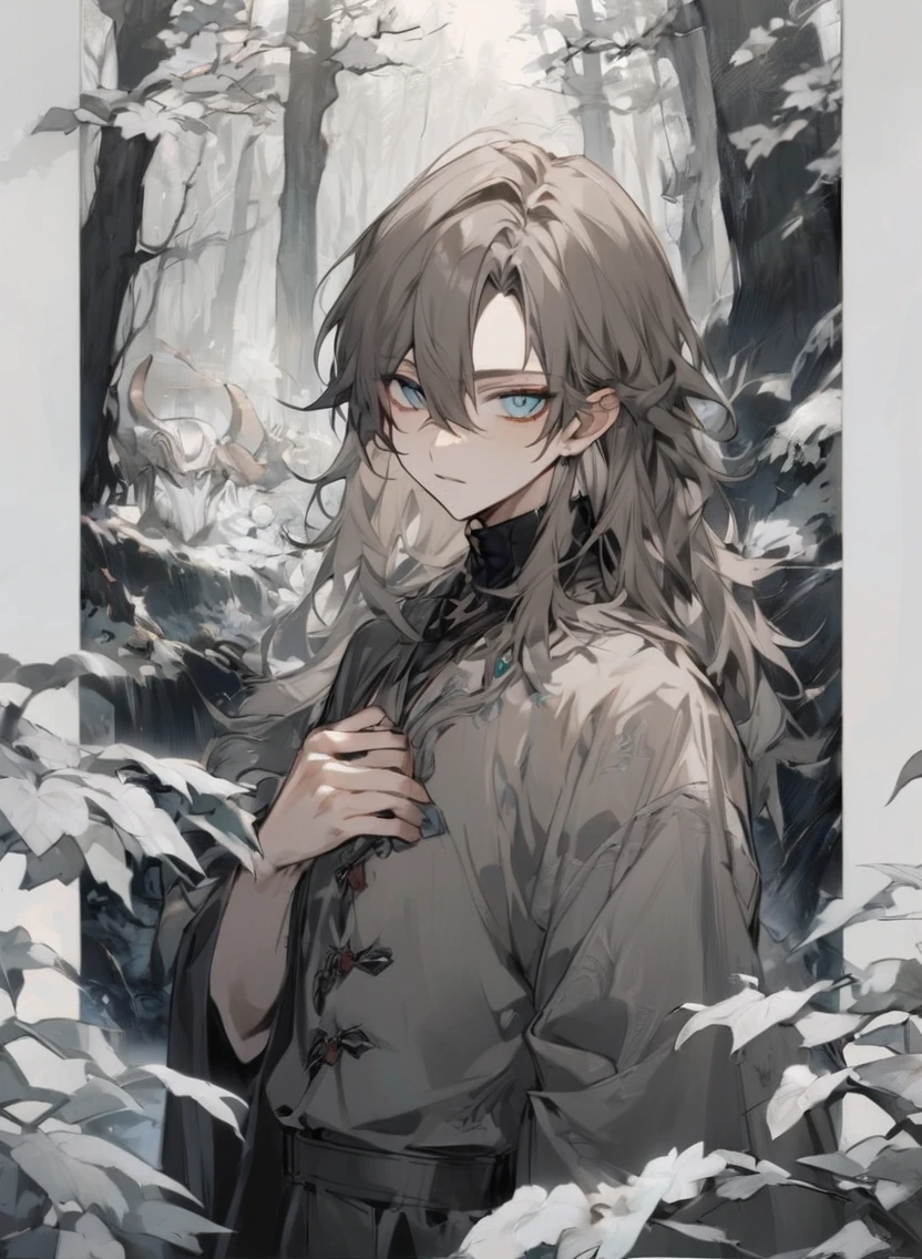 young man ,Male Dark, dark Woods, cold gray colors, man pale brown long hair with jade eye, Warlock dnd , tentacle in background