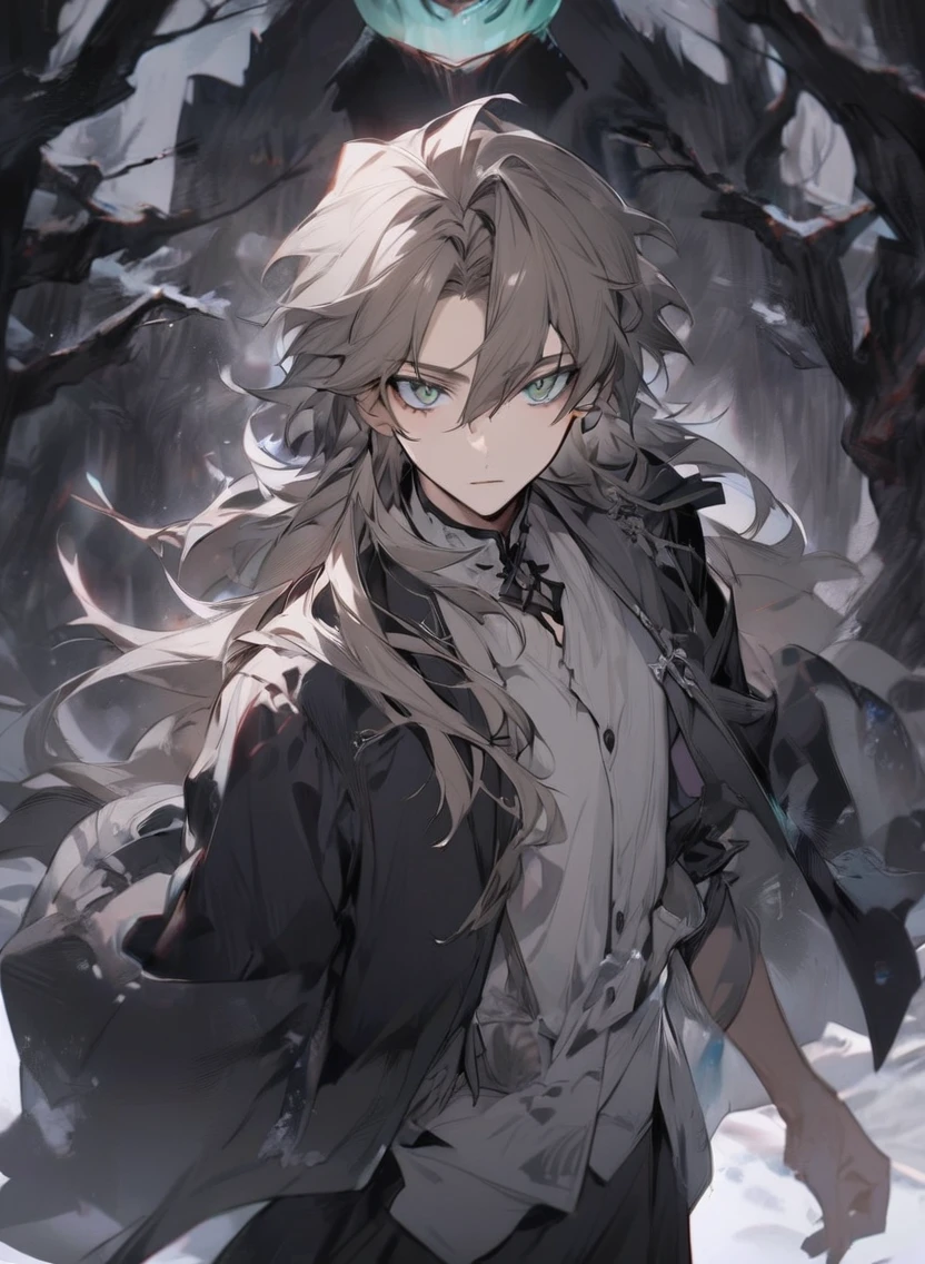 young man ,Male Dark, dark Woods, cold gray colors, man pale brown long hair with jade eye, Warlock dnd , tentacle in background