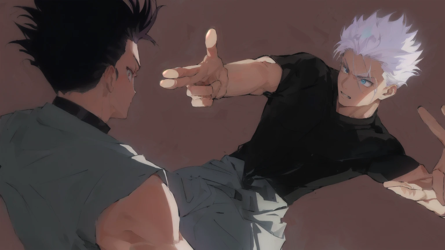 anime character with white hair and blue eyes pointing at another character, close-up fight, fight pose, baki style, heavy gesture style closeup, jujutsu kaisen anime inspired, fighting pose, anime fight, jujutsu kaisen art style, badass pose, fighting stance, high quality fanart, fistfighting, aggressive pose, pointing with 2 fingers, realistic anatomy, detailed,