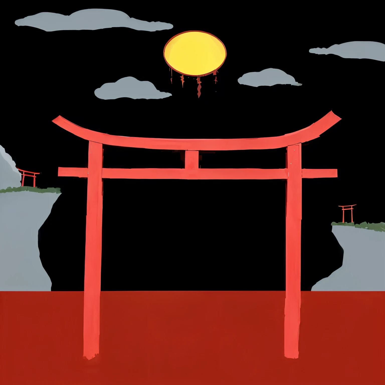 a close up of a red gate with a sun in the background, inspired by Torii Kiyomoto, inspired by Torii Kiyomitsu, inspired by Torii Kiyomasu, inspired by Torii Kiyomasu II, japanese torii in a moutain, centered torii gate, torii, torii in a moutain with trees