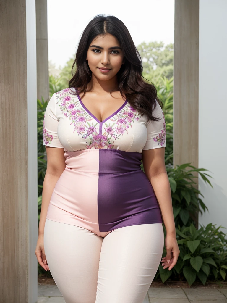 Samantha Ruth Prabhu south Indian beautiful woman y curvy plus size model wearing different random color skin tight Bollywood Blush Banarasi Dress, eye contact camera view, different style standing position, curvy plus size big hour glass bulky huge figure, big m-cup bulky huge breifferent style hairstyle, bright eyes, thin eyebrows, fair skin, blushing cheeks, prefect head to thigh close up view, Eden Seraphim Gardens background and location, Dreamcatcher Delight Embroidery, ultra realistic skin texture, head to thigh close up view, smile face, shadow lighting effect