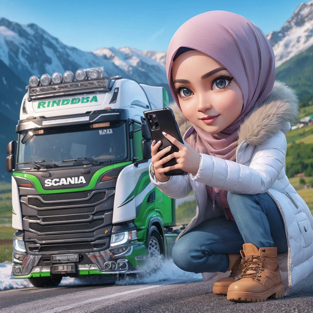 3D caricature photo of an Indonesian woman wearing a hijab, wearing a Muslim dress, snow jacket, bending over to take a photo of a truck Scania racing with a smartphone, background image of realistic mountains in full ultra HD detail