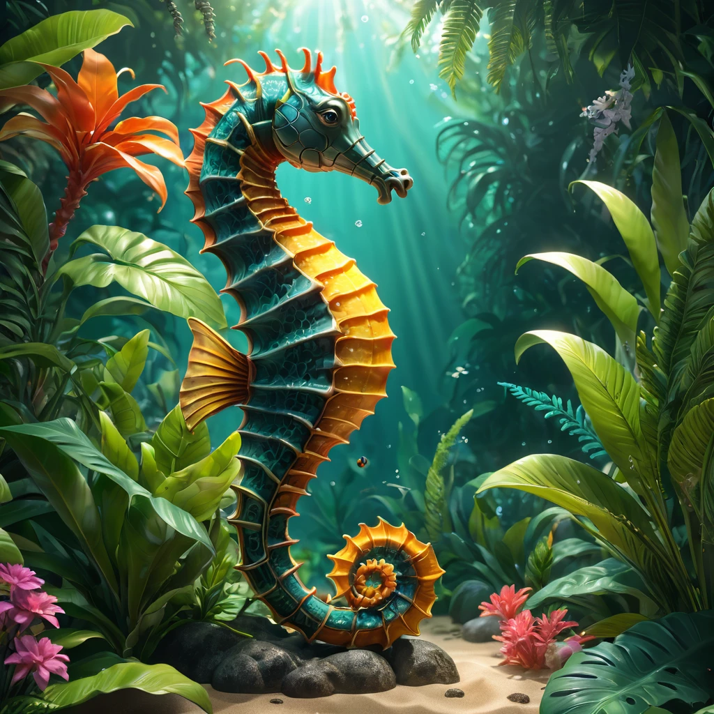 Seahorse，Futuristic jungle background，masterpiece，（Highly detailed CG Unity 8k wallpaper），（Best quality），（Best Illustration Award），（The best shadow），The background is an ocean theme，融入Natural Elements，Flowers in bloom，Warm colors，surrounded by 精美的leaf and branches，Sunlight，（Natural Elements），（Jungle theme），（leaf），（精美的leaf），（Particle Effects），Isometric 3D，Rendered by Octane， Ray Tracing，Extremely detailed