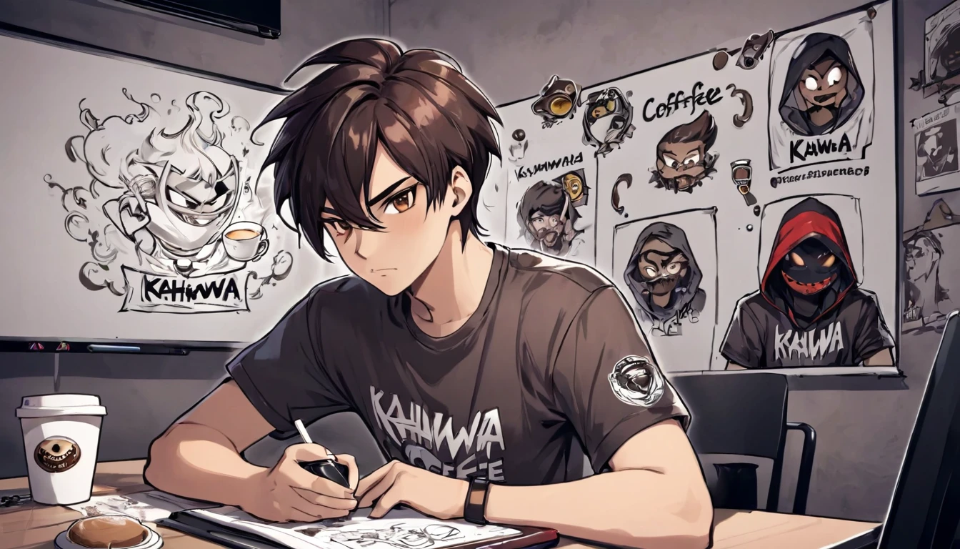A gamer guys with tshirt has logo Kahwaa and cup of coffé plans on a whiteboard with pictures and papers hung on it, evil dark room , there is a scary faces and Puzzles on the wall,his tshirt has this Kahwaa name, drinking a coffee , big cup than ever