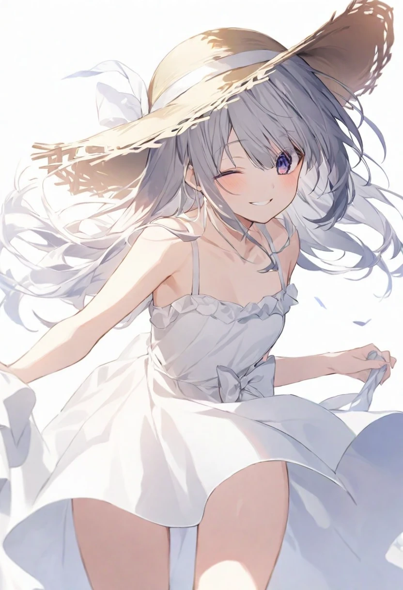 (muste piece), (best quality), (score_9, score_8_up, score_7_up), very detailed eyes, expressive eyes, perfect face, very detailed face, highly detailed face, beautiful girl, 8K, beautiful girl, white background, delicate and beautiful face and eyes, dark intense shadow,
1 girl, vtuber style, cool girl, hololive, amane kanata, gery hair, streaked hair, white sundress, sleeveless dress, suspender dress, dress bow, small chest, clavicle, one hand on head, one eye close winking, smile, ass visible through thighs, (full body), straw hat, naked thighs, sandals, standing, holding clothes, wind blowing, from below,
