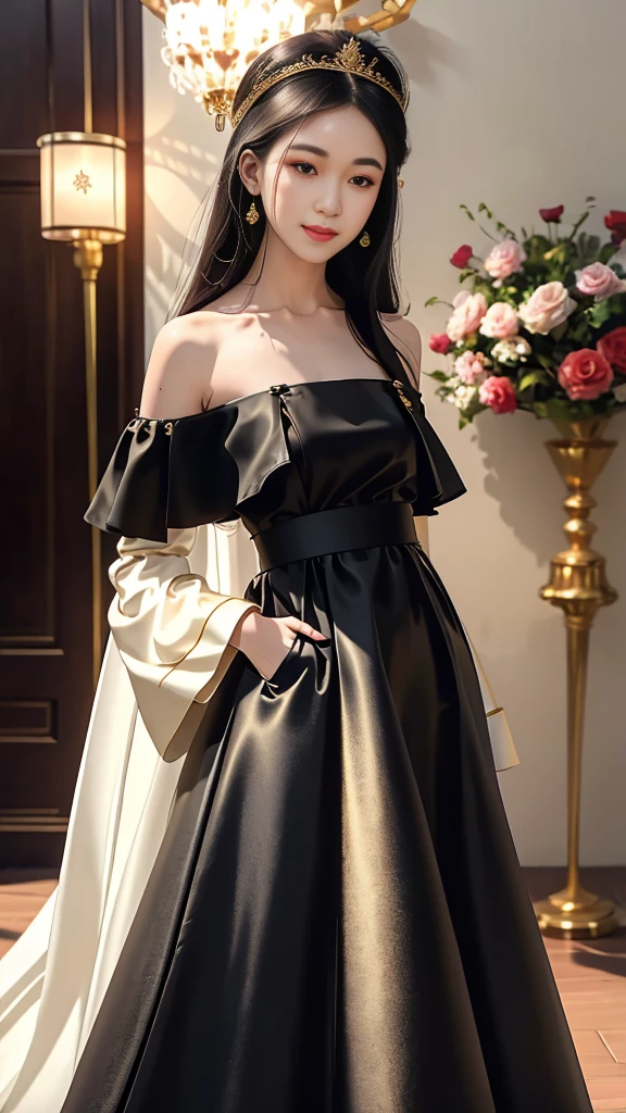 Girl in traditional Chinese clothing, Hanfu, Guzhen Hanfu women, White Hanfu,(long straight black hair:1.5), black eyes, black bun hairstyle, hair accessories ,gold long earrings, , Dia Necklace, Clear eyes, Facing forward,put on makeup, Long eyelashes ,(black long shoulder coat:1.8), (Very long skirt, black:1.5), ((Whole body covering)), Clear face, hair accessoriesจำนวนมาก , (Very beautiful face, Beautiful mouth, beautiful eyes), detailed face, ((Ultra-fine skin)), In the dark, deep shadows, an ancient Chinese girl (Very slim figure 1.3) ,Plump breasts, elegant posture , There is a red flower spot on the forehead. , pointing at the camera, (european castle:1.9),(nighttime:1.2) , (White aura around:1.6)