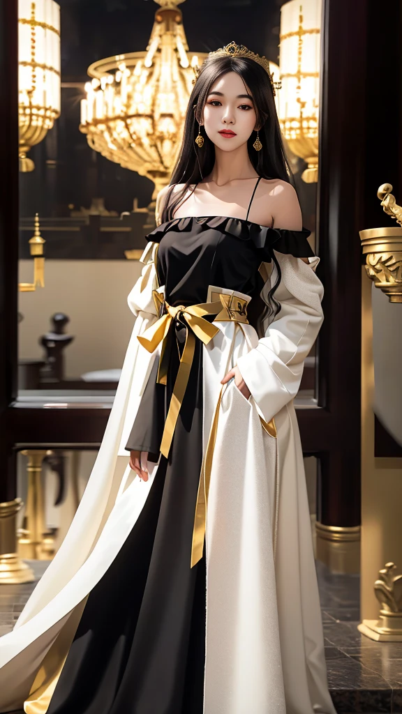 Girl in traditional Chinese clothing, Hanfu, Guzhen Hanfu women, White Hanfu,(long straight black hair:1.5), black eyes, black bun hairstyle, hair accessories ,gold long earrings, , Dia Necklace, Clear eyes, Facing forward,put on makeup, Long eyelashes ,(black long shoulder coat:1.8), (Very long skirt, black:1.5), ((Whole body covering)), Clear face, hair accessoriesจำนวนมาก , (Very beautiful face, Beautiful mouth, beautiful eyes), detailed face, ((Ultra-fine skin)), In the dark, deep shadows, an ancient Chinese girl (Very slim figure 1.3) ,Plump breasts, elegant posture , There is a red flower spot on the forehead. , pointing at the camera, (european castle:1.9),(nighttime:1.2) , (White aura around:1.6)