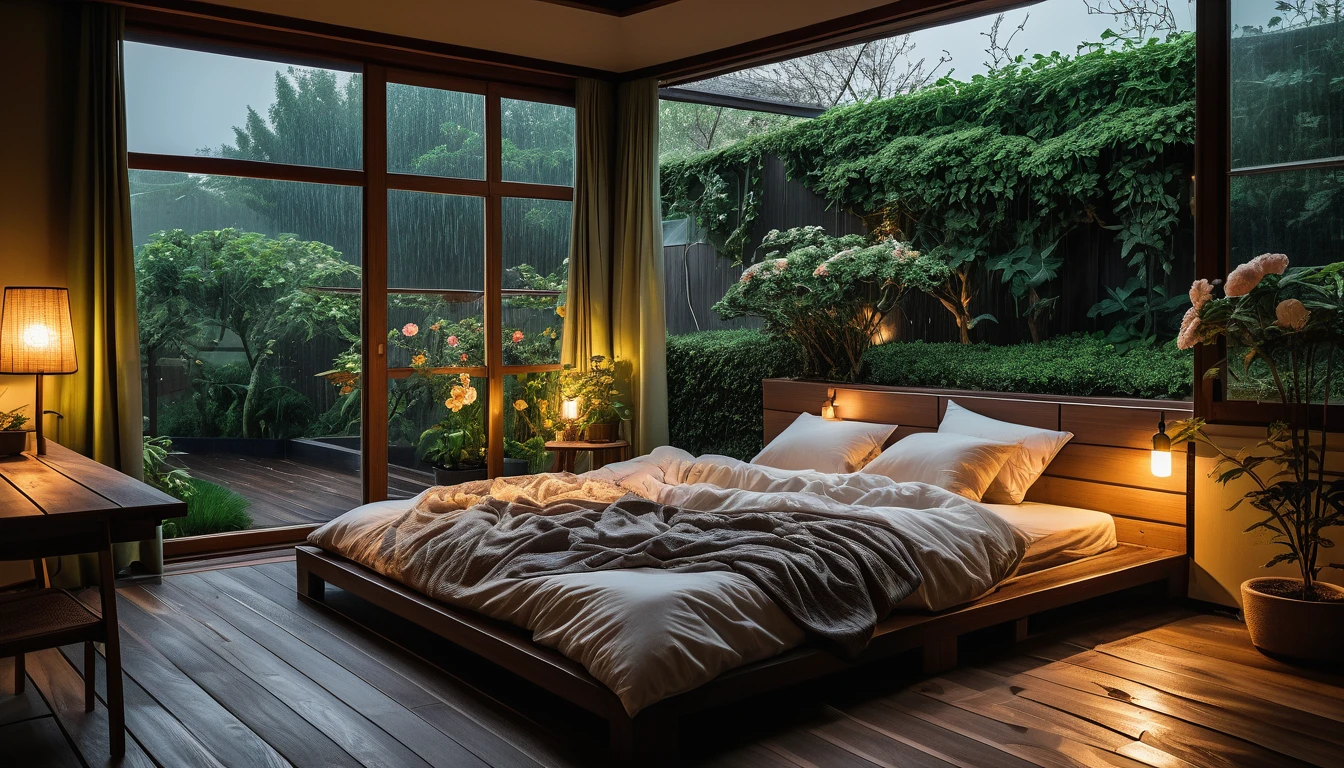 The picture shows a cozy bedroom with large windows offering views of the beautiful, dimly lit garden AND FLOWER-soaked gardens. CINEMATIC, JAPANESE HOUSE, the shape of a Japanese house, and lots of flower gardens in the garden. The bed was unmade with crumpled sheets, indicating only sleep in peace. looks dim, gloomy. Beside the bed there is a small table with a classic lamp burning which radiates warm light into the room. Outside the window, lush green plants can be seen on the terrace or balcony area, rain is falling, the lamp on the left provides warm lighting, creating a calm and peaceful atmosphere. with mist partially obscuring the landscape in the distance. The contrast between the warmth indoors and the rain outdoors creates an inviting and calming atmosphere