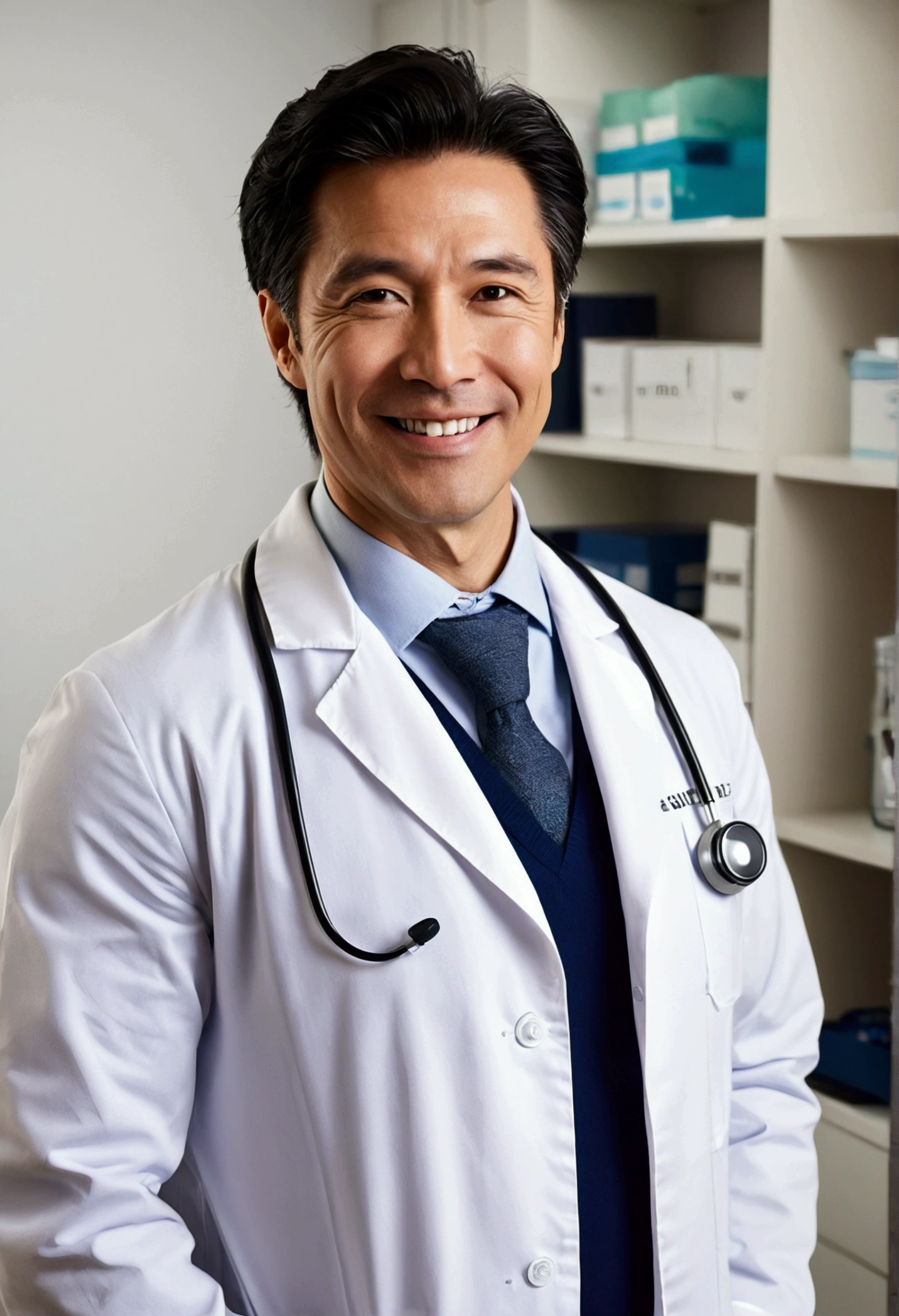 masterpiece,Dynamic Angle,Face close-up,masterpiece,30 year old mature male doctor,Horny,smile,One person、excited,transformation,Black Hair,Slightly longer hair, Scientist,Wear a white coat as a doctor's outfit,(White Undershirt 1.5),Background Research Room,Scientistの部屋