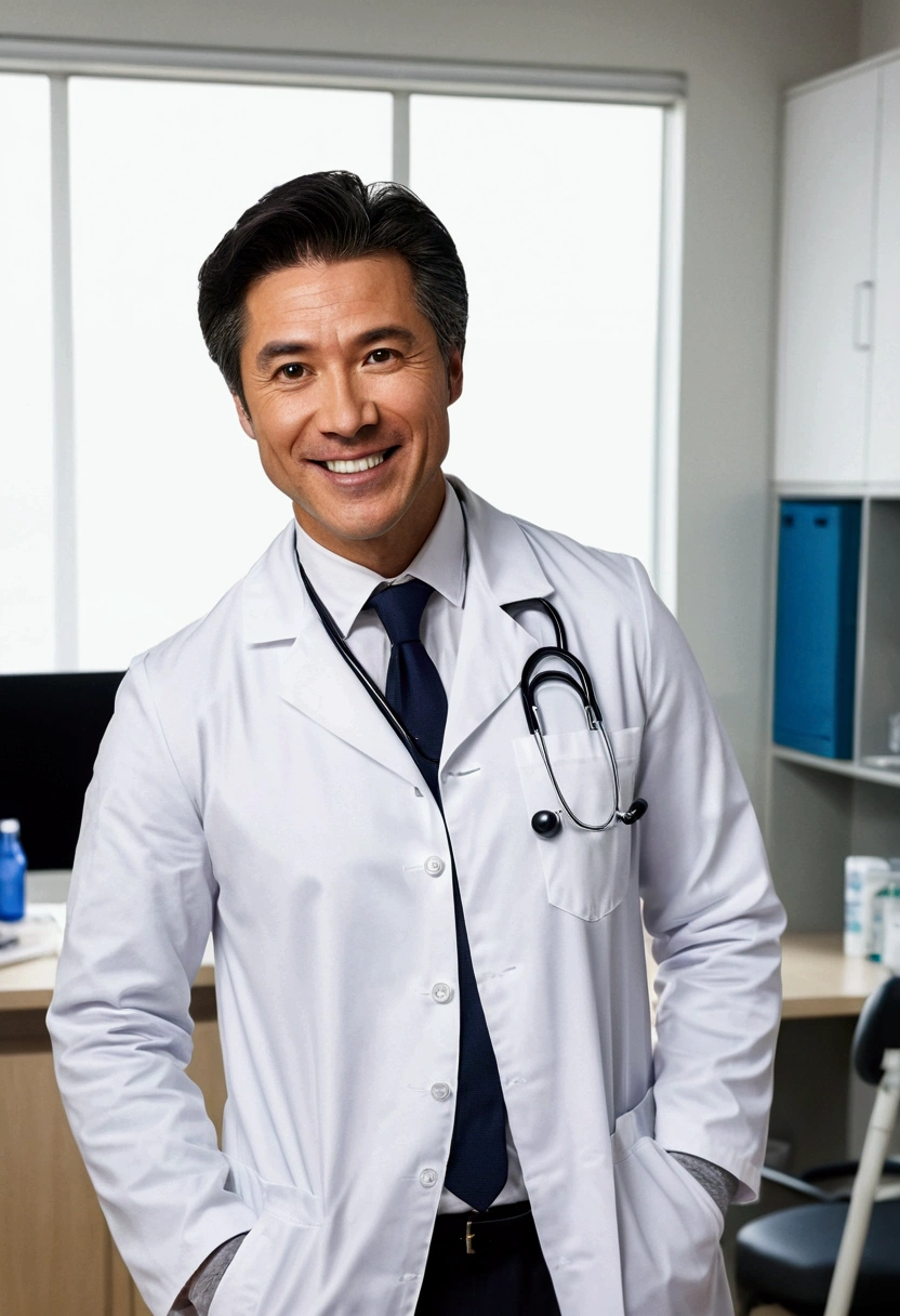 masterpiece,Dynamic Angle,Face close-up,masterpiece,30 year old mature male doctor,Horny,smile,One person、excited,transformation,Black Hair,Slightly longer hair, Scientist,Wear a white coat as a doctor's outfit,(White Undershirt 1.5),Background Research Room,Scientistの部屋