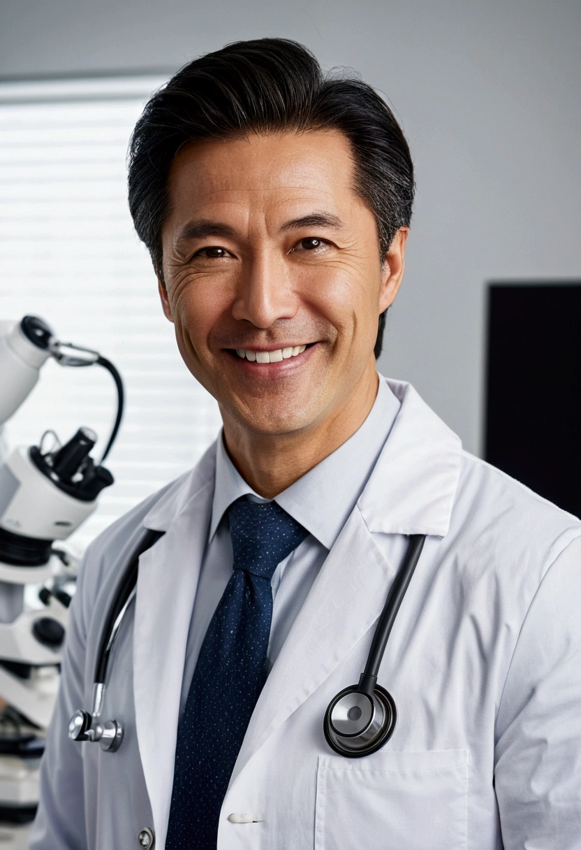 masterpiece,Dynamic Angle,Face close-up,masterpiece,30 year old mature male doctor,Horny,smile,One person、excited,transformation,Black Hair,Slightly longer hair, Scientist,Wear a white coat as a doctor's outfit,(White Undershirt 1.5),Background Research Room,Scientistの部屋