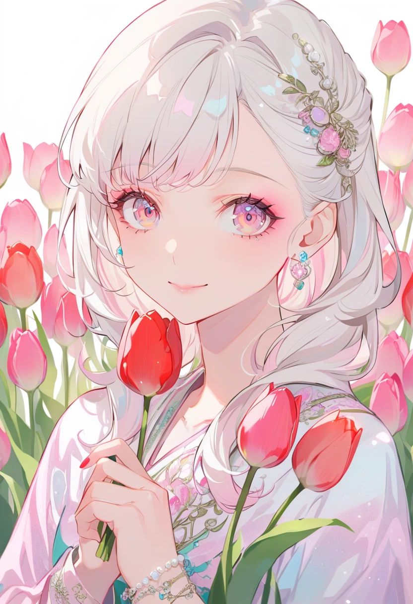 White hair, pink eyes, girl with pink tulip in hand, close-up of face, bright colorful, anime style, tulip garden background, colorful gorgeous, gentle smile, glowing flowers.