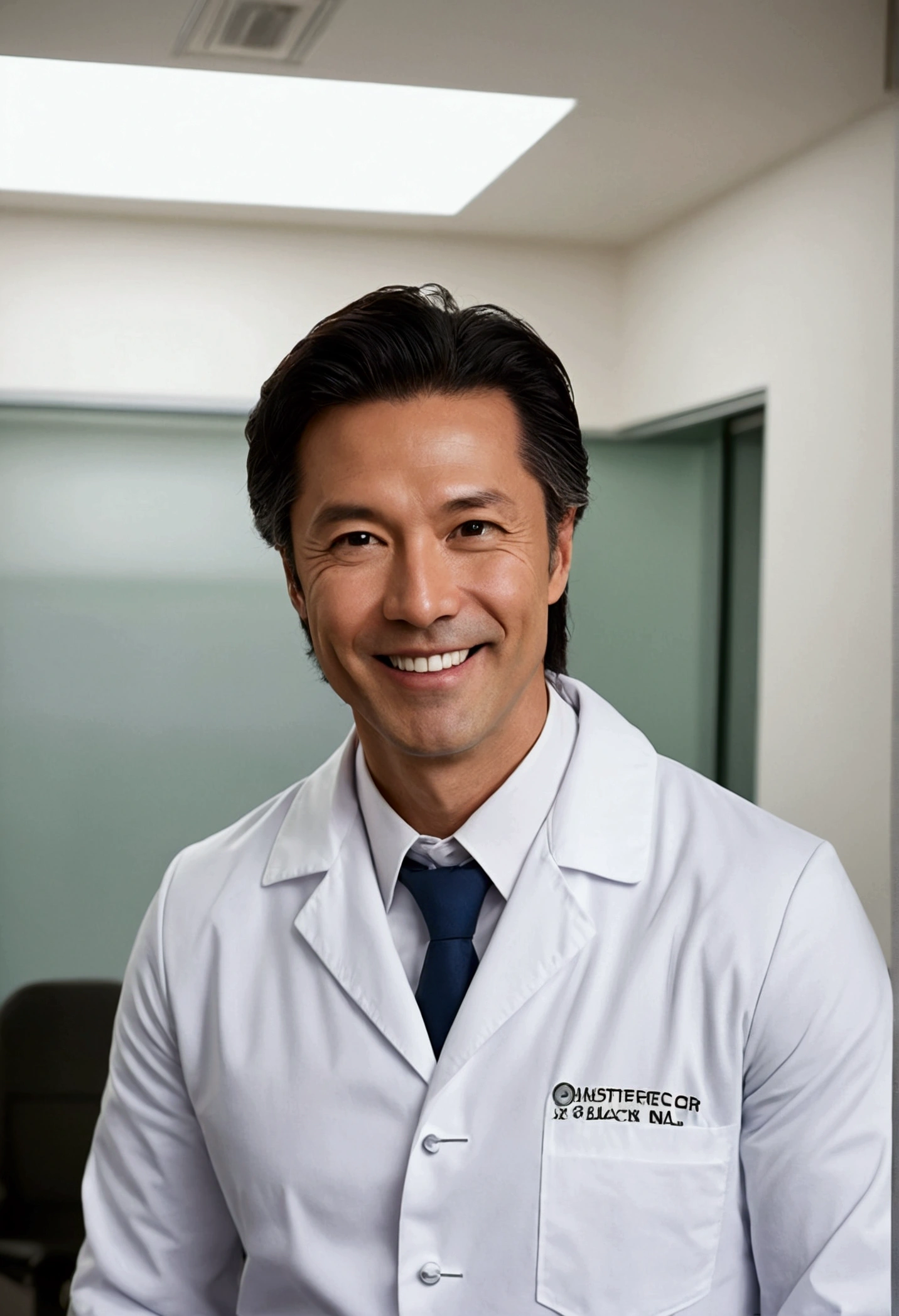 masterpiece,Dynamic Angle,Face close-up,masterpiece,30 year old mature male doctor,Horny,smile,One person、excited,transformation,Black Hair,Slightly longer hair, Scientist,Wear a white coat as a doctor's outfit,(White Undershirt 1.5),Background Research Room,Scientistの部屋
