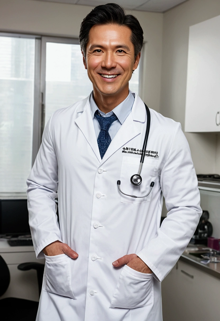 masterpiece,Dynamic Angle,Face close-up,masterpiece,30 year old mature male doctor，Horny,smile,One person、excited,transformation,Black Hair,Slightly longer hair, Scientist,Wear a white coat as a doctor&#39;s outfit，（White Undershirt 1.5）,Background Research Room,Scientistの部屋