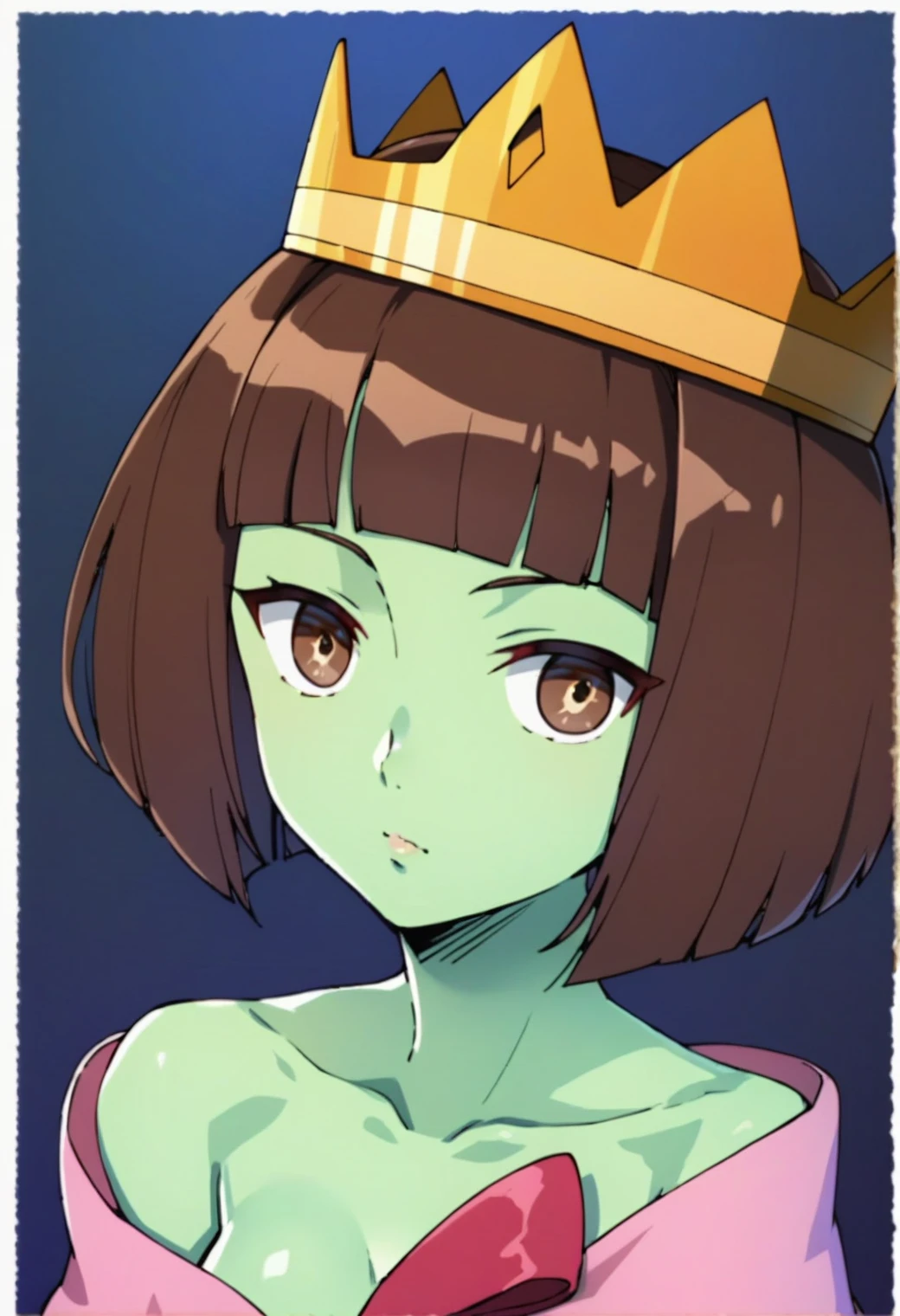 1girl, anakzahard, green skin, short hair, bob cut, brown hair, brown eyes, bow, collarbone, crown, BREAK
score_9, score_8_up, score_7_up, score_6_up, score_5_up, score_4_up, anime, detailed eyes, (screencap:0.2), full body, naked, nude, inverted nipples, peeing,