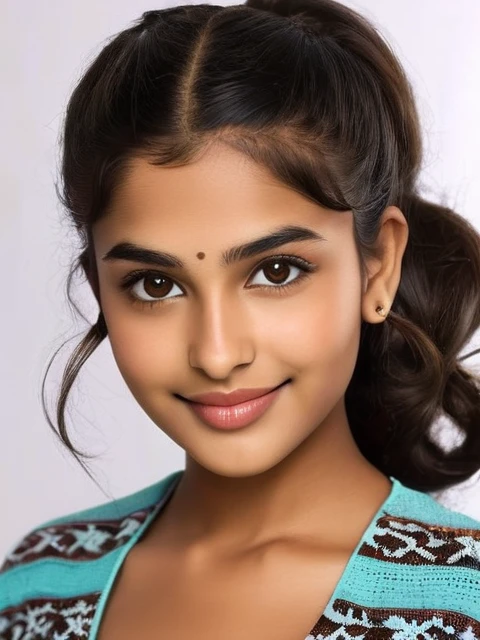 Maya is 18 year old indian girl. Maya stands tall at 70 inches (178 cm) and weighs 180 pounds (82 kg). Her chest measures 44 inches (112 cm), waist 38 inches (97 cm), and hips 46 inches (117 cm). She has intense hazel eyes that reflect her strong spirit, framed by thick, naturally arched eyebrows. Her broad and prominent nose adds to her distinctive look. Maya's full, expressive lips often wear a confident smile. Her medium-sized ears are adorned with simple earrings. Her thick, wavy, dark brown hair is often styled in a loose bun. Her deep tan skin tone gives her a powerful presence. Maya's tall and robust build commands attention, and her warm smile makes her approachable and friendly