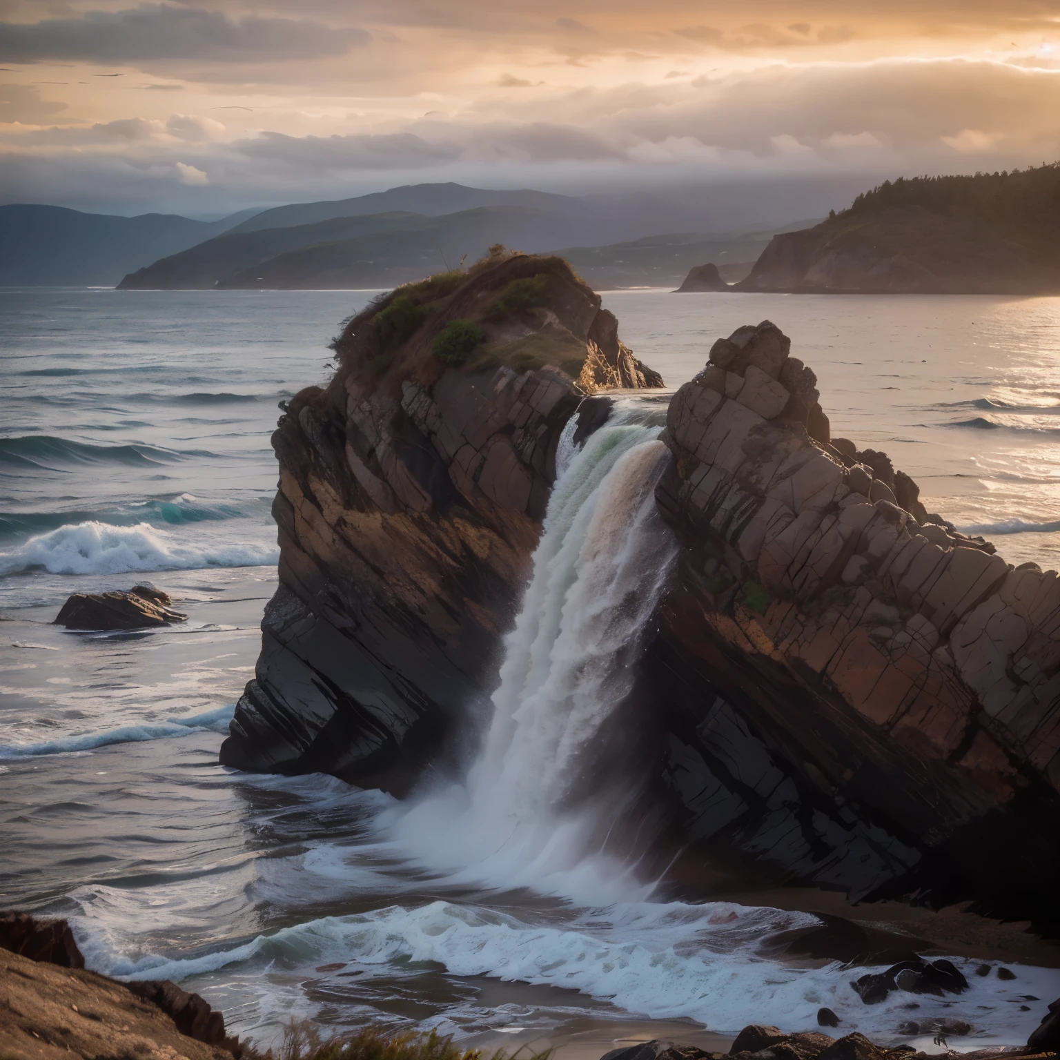 sunset, dusk, twilight.
Detailed Description of the Sea Area at the Coast of British Columbia
The coast of British Columbia, renowned for its rugged beauty, features a diverse and dramatic landscape. Along the shoreline, massive boulders and rocky outcrops are interspersed with patches of pebble-strewn beaches, creating a natural, textured terrain. The area is characterized by the temperate rainforest, which extends down to the coast, providing a lush, green backdrop of towering cedar, spruce, and hemlock trees.
The Pacific Ocean here is dynamic and powerful, with waves that range from gentle swells to towering breakers, depending on the weather conditions. The water is cold year-round, with temperatures ranging from 8 to 14 degrees Celsius (46 to 57 degrees Fahrenheit), often necessitating the use of thick wetsuits for surfers.
The tides are significant, with a high tidal range that exposes tide pools teeming with marine life at low tide and submerges rocky platforms at high tide. Sea foam and kelp are common sights, along with driftwood washed up along the shore. The waves can be clean and glassy on calm days, but more often, the sea is choppy, with strong winds creating whitecaps and turbulent conditions.
Stormy weather brings even more dramatic scenes, with heavy rain, dark storm clouds, and high winds. The waves become formidable, crashing against the rocks with immense power, creating an awe-inspiring display of nature's force. Mist and fog frequently roll in from the ocean, adding an ethereal quality to the landscape, while the snow-capped peaks of the distant Rocky Mountains stand as a majestic backdrop, completing the stunning coastal scenery.