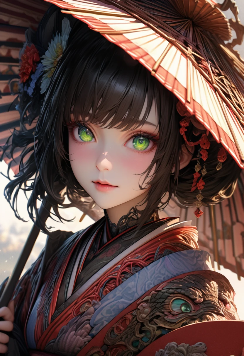 (((intricate design))) (((professional))) (((clear focus))) (((32k UHD Resolution))) (((photorealistic))) (((hyper-detail))) (((masterpiece))), ultra-realistic, expressive eyes, perfect face, a digital render, mesmerising eyes, perfectly detailed anatomy, low contrast, (((Volumetric lighting))) (((cinematic lighting))) (((sunny)) (((1female))) Dark-skinned geisha with green eyes and umbrella, fan
