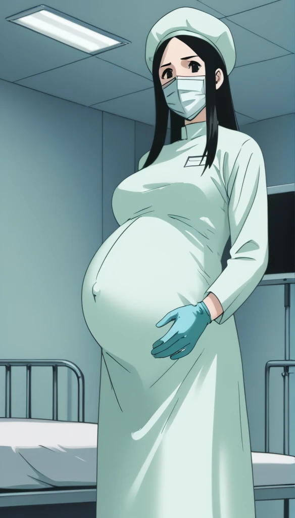 score_9, score_8_up, score_7_up, source_anime, raw image, masterpiece, highest quality, kasuganoray, pale skin, shy face, shy eyes, long black hair, big breasts, scrubs, surgical mask, bouffant cap, long sleeve maternity dress, put on another long sleeved coat, seamless, navel head, the dress isn't wrinkled, long white stockings,
1girl, pregnant, solo, long rubber gloves, looking down, look at viewer, furrowed brow, hospital bed, light shines from the ceiling, standing, patient room background, she is inquiring about the patient's condition