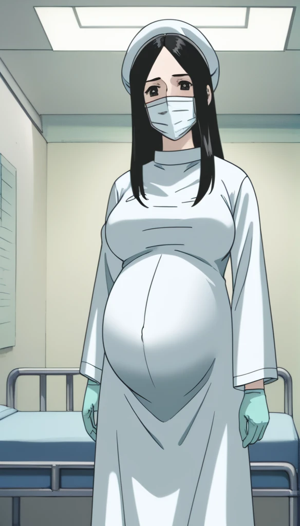 score_9, score_8_up, score_7_up, source_anime, raw image, masterpiece, highest quality, kasuganoray, pale skin, shy face, shy eyes, long black hair, big breasts, scrubs, surgical mask, bouffant cap, long sleeve maternity dress, put on another long sleeved coat, seamless, navel head, the dress isn't wrinkled, long white stockings,
1girl, pregnant, solo, long rubber gloves, looking down, look at viewer, furrowed brow, hospital bed, light shines from the ceiling, standing, patient room background, she is inquiring about the patient's condition