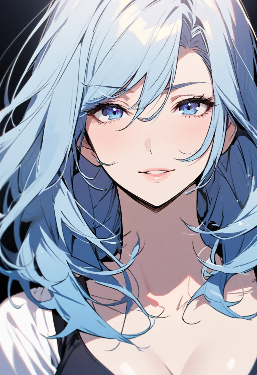 girl, mature, beautiful main face, front face, blue eyes, blue hair