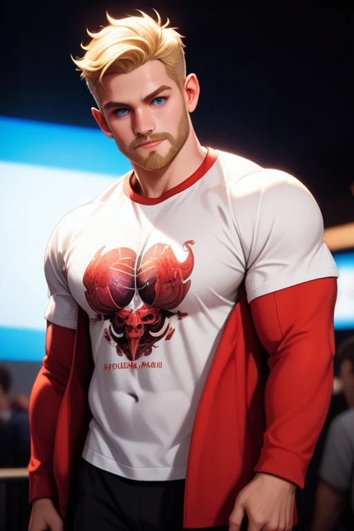 Tall and very muscular mature man with blue eyes and blonde hair; fair skin; light beard; athletic build; wearing casual clothes; best quality; trending on artstation; dark room with complex volumetric lighting; strong shadows; artistic lighting; dynamic; energetic vibe; realistic skin; specular highlights; micro-textures; highly detailed hair; graphical t-shirt and red jacket; in a convention centre