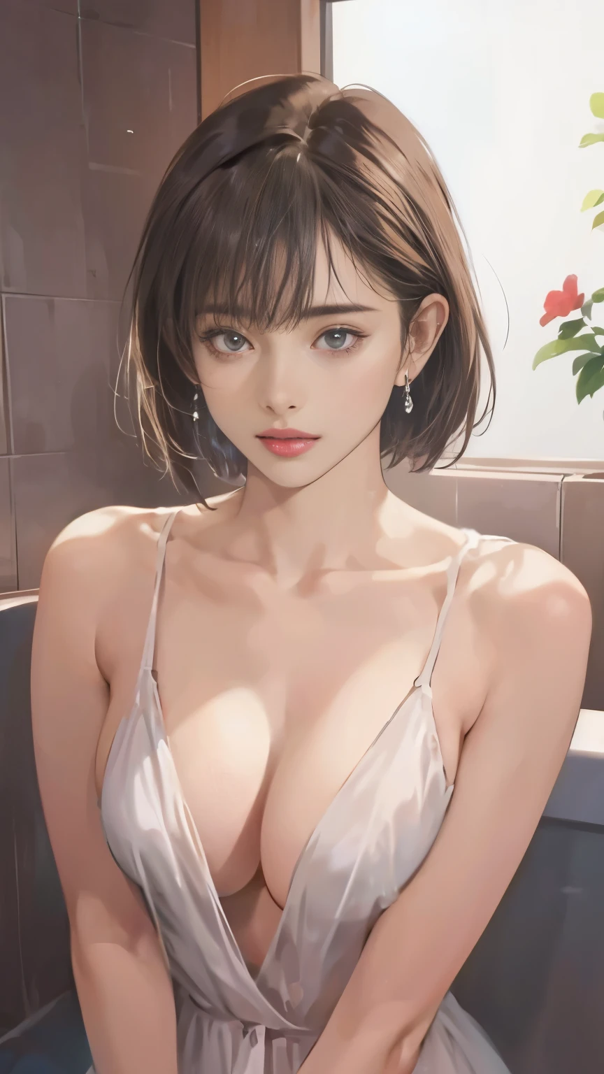 (Realistic:1.5, 16K, Highest quality, masterpiece, Ultra-high resolution), Perfect dynamic composition:1.2, (Love hotel bathroom), (Expressions of sadness:0.9), (Squat with your knees bent:0.9), Highly detailed skin and facial textures, Incredibly slim body, Fair skin:1.2, Sexy beauty, Very beautiful face:1.2, Water droplets on the skin, Body wet in the shower, Wet body:1.2, Wet Hair:1.3, (short hair), (Neat bangs:1.5), (Shapely large breasts, Chest gap), ((Full nudity)), ((Thin and beautiful pubic hair)), (Big eyes that exude beautiful eroticism:0.8, Lips that exude beautiful eroticism:0.8), necklace, Earrings, bracelet, wedding ring, 