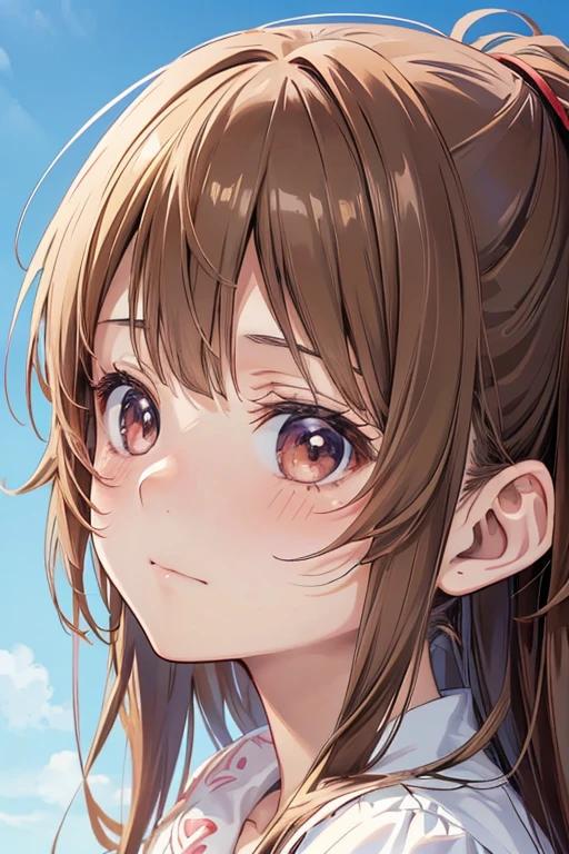 Simple Background,(anime:1.3),Detailed face,Detailed explanation,1girl,close up face,Brown hair,Two Side Up,(faint smile:1.3),Detailed hair,(Sidelong and Upward glance:1.4),(****),from side