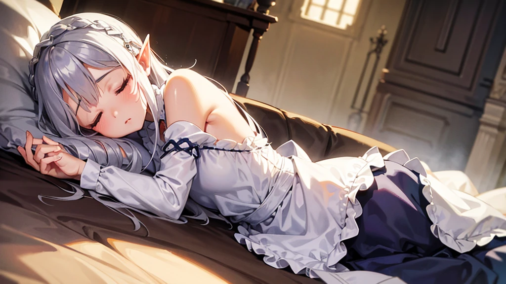Elf Wife、Silver Hair、Thin apron、living、Sleeping on a soft sofa、A comfortable sleeping face、
