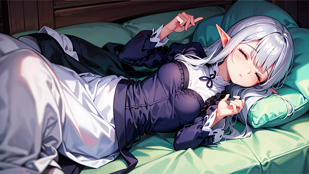 Elf Wife、Silver Hair、Thin apron、living、Sleeping on a soft sofa、A comfortable sleeping face、