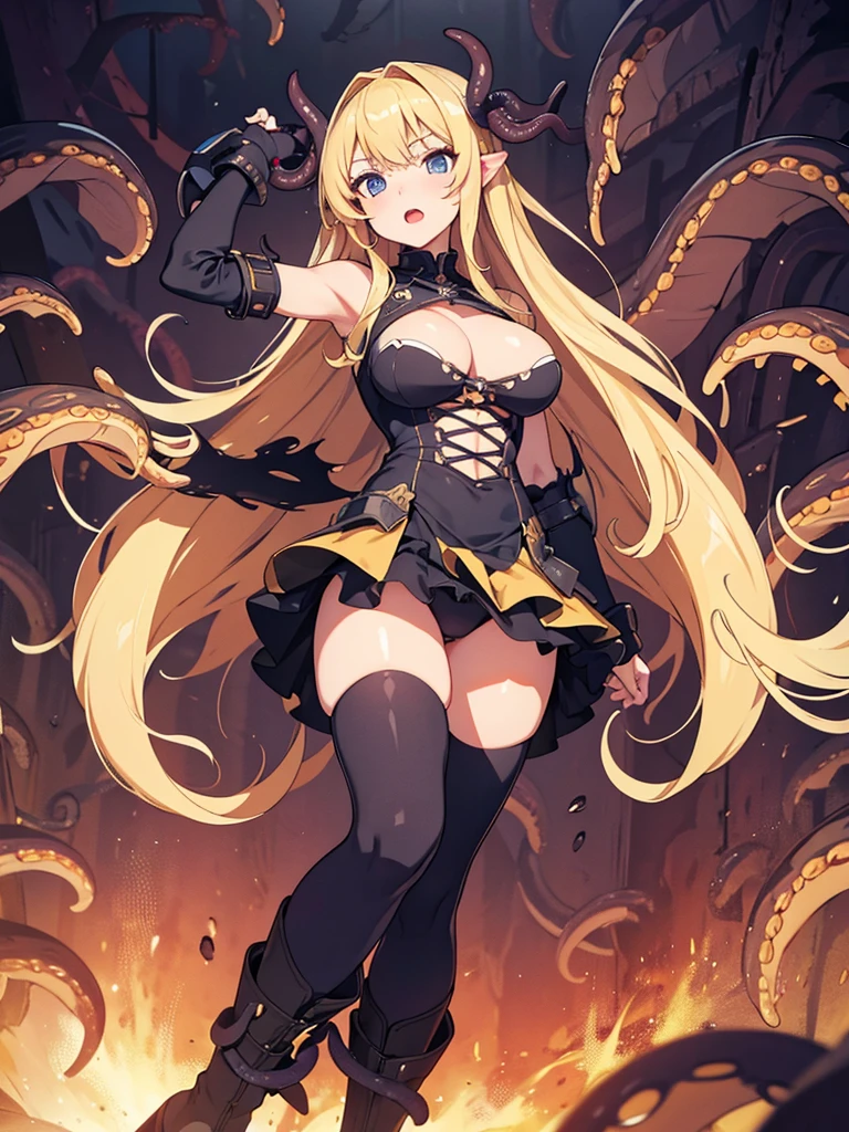 masterpiece, best quality, high definition images, atmospheric perspective, expressive eyes, perfect face, ultra detailed, solo, 1mature seductive woman restrained by tentacles, female knight, looking panic, blond long hair, hair ribbon, armour, tentacles crawling cleavage,
torn clothes, miniskirt, flip-up skirt, tentacles touch panties, tentacles wrap thighs, over knee socks, high boots, serious expression, open mouth, lots of tentacles swarming,