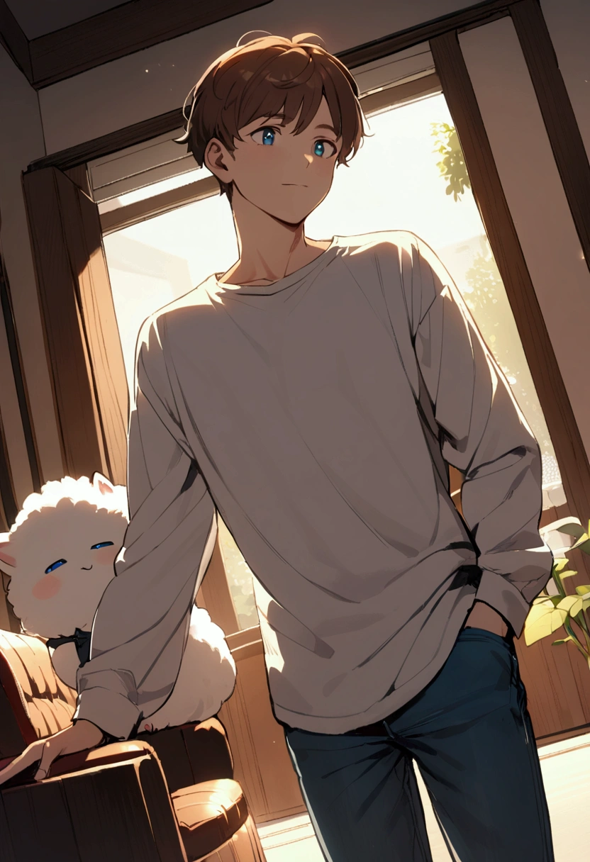 1man with short fluffy brown hair, kind face, blue eyes, white shirt, living room, indoors, jeans, tall