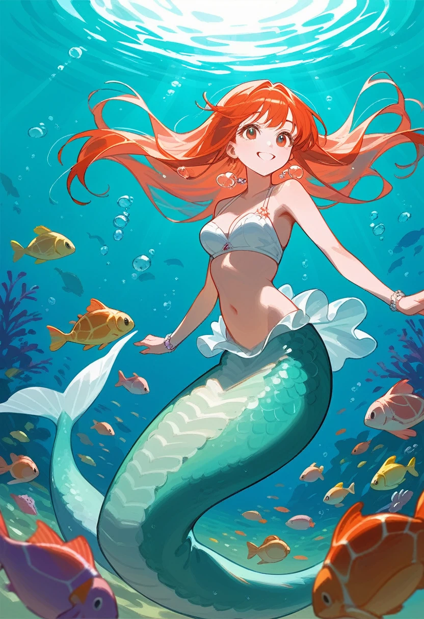 anime style, super fine illustration, highly detailed, dynamic angle, beautiful detailed, 8k, In the summer, at midday, underwater, vivid tropical fish swim in schools, surrounded by colorful corals on the seabed. A graceful sea turtle swims among them. A beautiful mermaid swims happily around, smiling occasionally. Sunlight filters through the water, brightly illuminating the scene. Everyone is enjoying the underwater world.