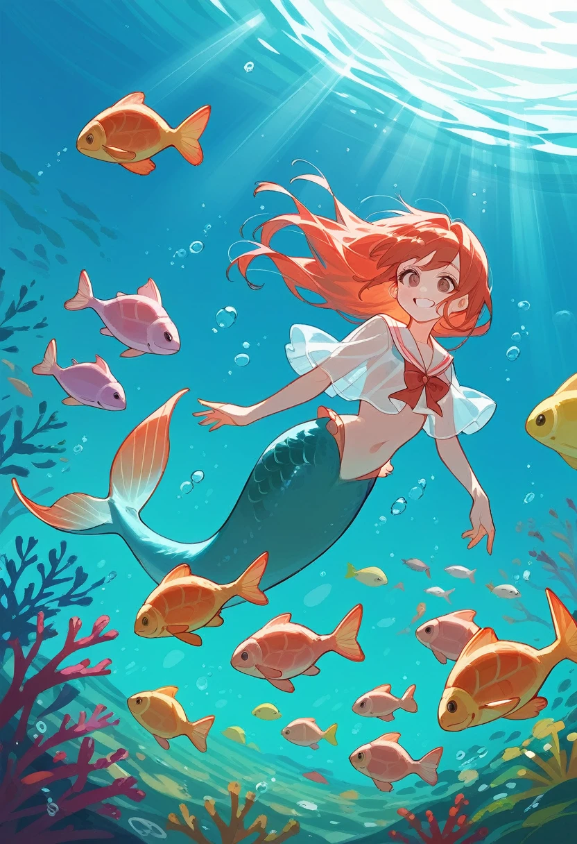 anime style, super fine illustration, highly detailed, dynamic angle, beautiful detailed, 8k, In the summer, at midday, underwater, vivid tropical fish swim in schools, surrounded by colorful corals on the seabed. A graceful sea turtle swims among them. A beautiful mermaid swims happily around, smiling occasionally. Sunlight filters through the water, brightly illuminating the scene. Everyone is enjoying the underwater world.