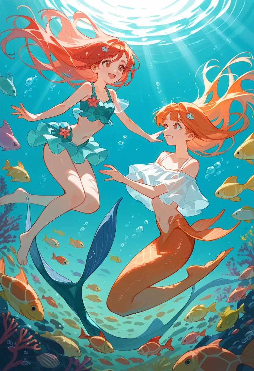 anime style, super fine illustration, highly detailed, dynamic angle, beautiful detailed, 8k, In the summer, at midday, underwater, vivid tropical fish swim in schools, surrounded by colorful corals on the seabed. A graceful sea turtle swims among them. A beautiful mermaid swims happily around, smiling occasionally. Sunlight filters through the water, brightly illuminating the scene. Everyone is enjoying the underwater world.