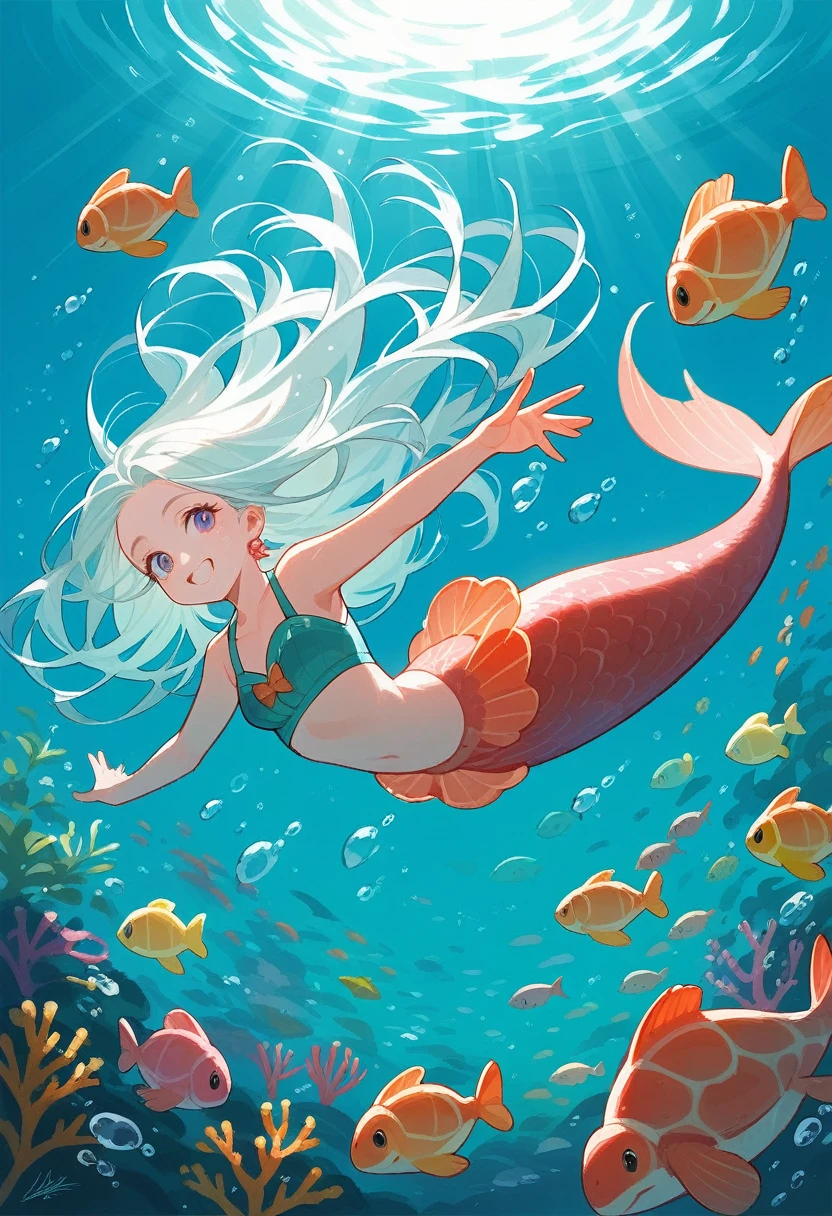 anime style, super fine illustration, highly detailed, dynamic angle, beautiful detailed, 8k, In the summer, at midday, underwater, vivid tropical fish swim in schools, surrounded by colorful corals on the seabed. A graceful sea turtle swims among them. A beautiful mermaid swims happily around, smiling occasionally. Sunlight filters through the water, brightly illuminating the scene. Everyone is enjoying the underwater world.