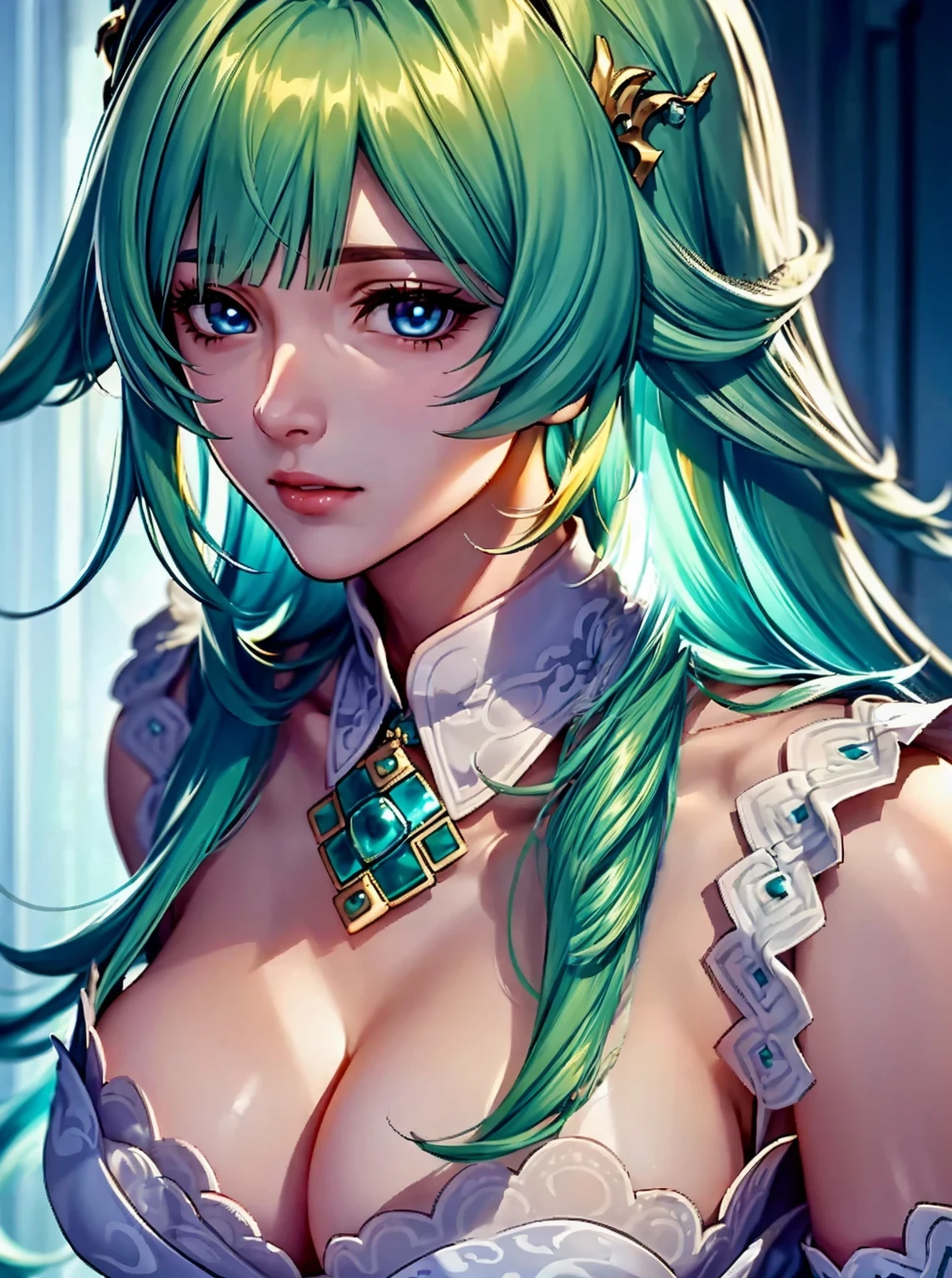(detailed light green hair:1.1), bare skin