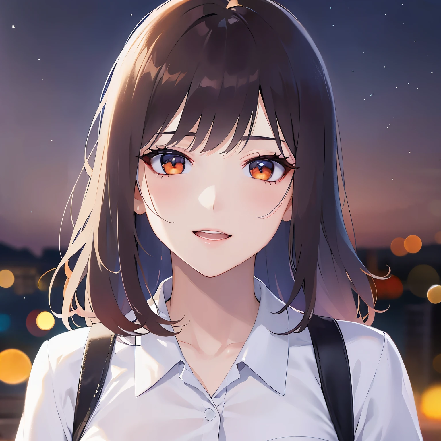 lookin at viewer,upper Body, head tilt、
 Realistic, real person, (pale skin: 1.2), RAW photo, photorealistic, shiny skin, shiny hair、
(A 25-year-old woman with bob hair and bangs：1.5) and (wavy hair) and (brown hair) and (Orange Eyes)、(business suit)and (Wearing a white collared shirt)、
open mouth,happy smile,(Night Sky:1.5)、garden