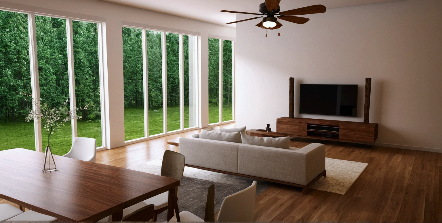 a rendering of a living room with a couch, table, and fan, 3 d rendering, 3d rendering, detailed rendering,wooden celling, 2 d render, comprehensive 2 d render, detailed 3d render, with 3 d render, detailed 3 d render, with 3d render, cg rendering, high detail 3 d render, very detailed render, wide establishing shot, 3 d renders, , windown view pine tree forest
