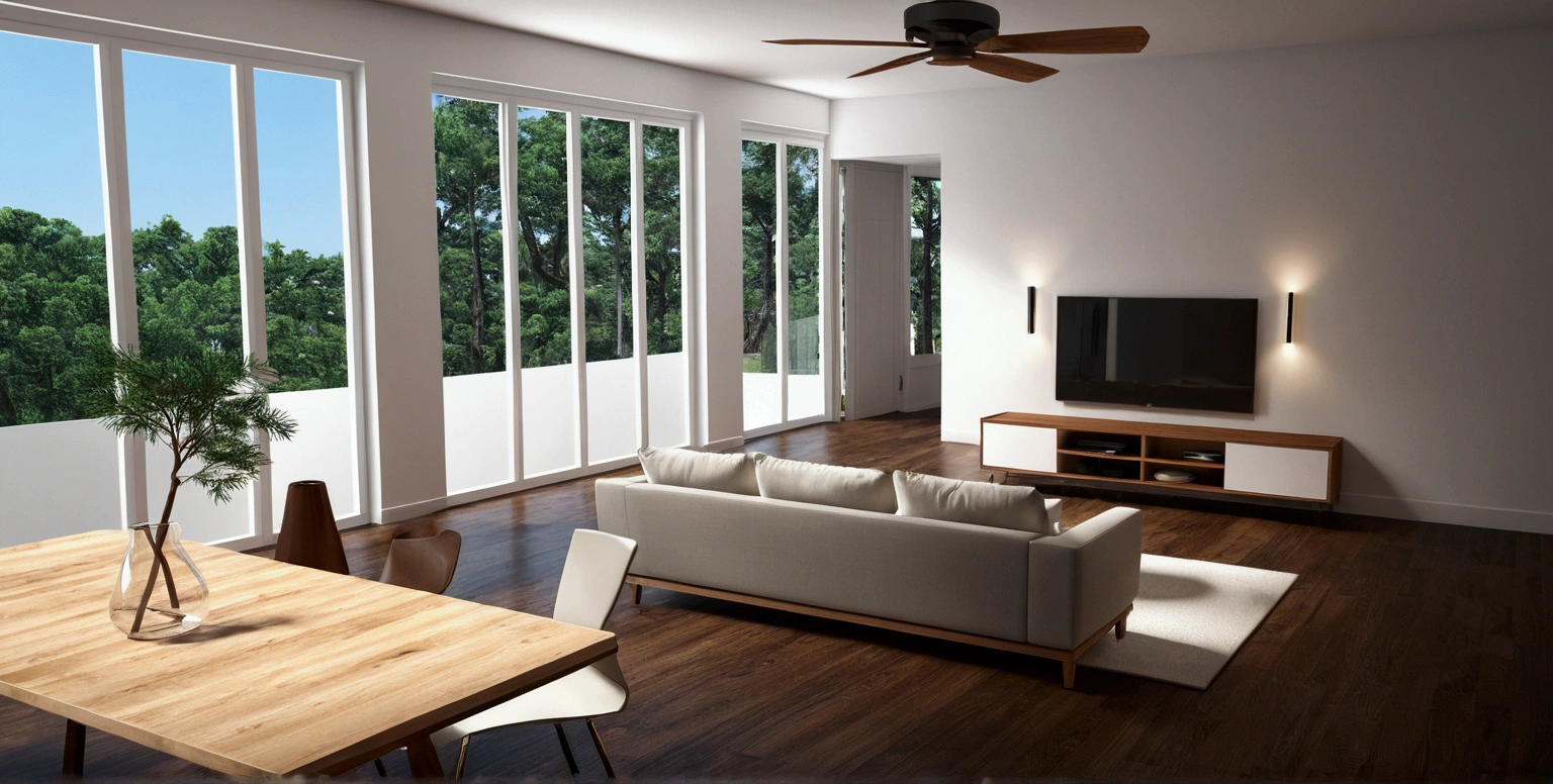 a rendering of a living room with a couch, table, and fan, 3 d rendering, 3d rendering, detailed rendering,wooden celling, 2 d render, comprehensive 2 d render, detailed 3d render, with 3 d render, detailed 3 d render, with 3d render, cg rendering, high detail 3 d render, very detailed render, wide establishing shot, 3 d renders, , windown view pine tree forest 