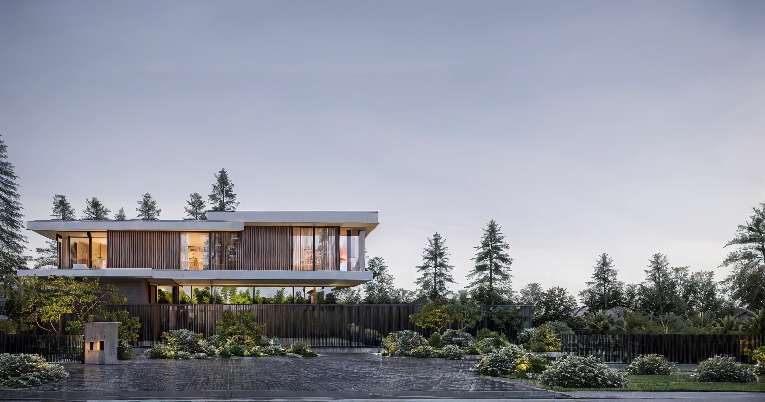 RAW photo, Exterior of two story white modern house, road, ((sidewalk)), ((sidewalk trees)), residences area, dawn time, overcast, fog, tropical trees and plants, (high detailed:1.2), 8k uhd, dslr, soft lighting, high quality, film grain, Fujifilm XT3, (sharpen:1.5)