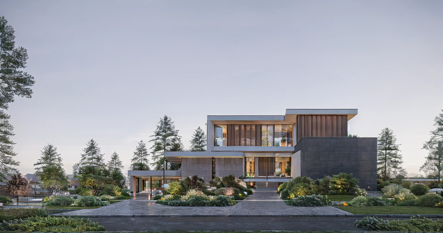 RAW photo, Exterior of two story white modern house, road, ((sidewalk)), ((sidewalk trees)), residences area, dawn time, overcast, fog, tropical trees and plants, (high detailed:1.2), 8k uhd, dslr, soft lighting, high quality, film grain, Fujifilm XT3, (sharpen:1.5)