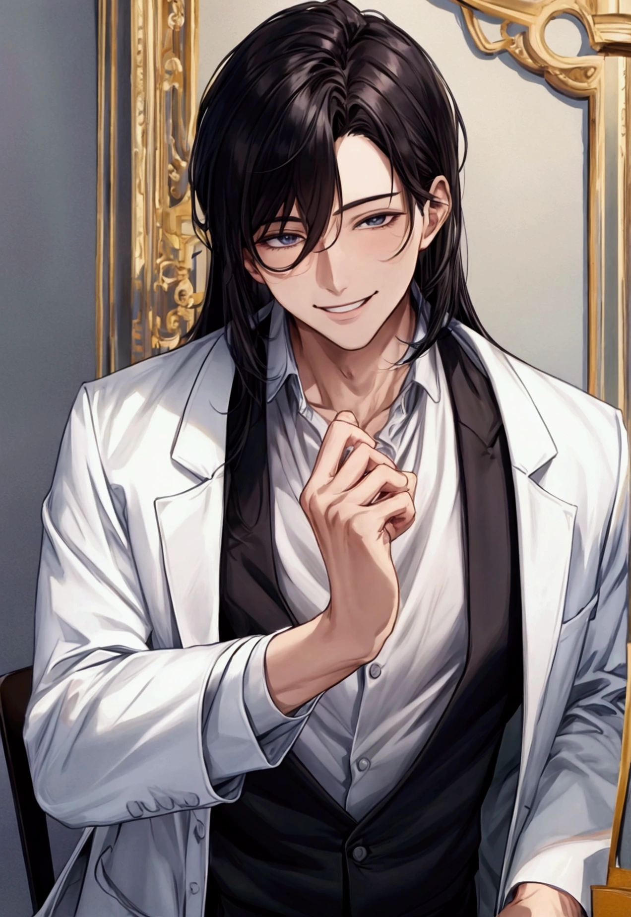 masterpiece,Dynamic Angle,Face close-up,masterpiece,30 year old mature male doctor，Horny,smile,One person、excited,transformation,Black Hair,Slightly longer hair, Scientist,Wear a white coat as a doctor&#39;s outfit，（White Undershirt 1.5）,Background Research Room,Scientistの部屋