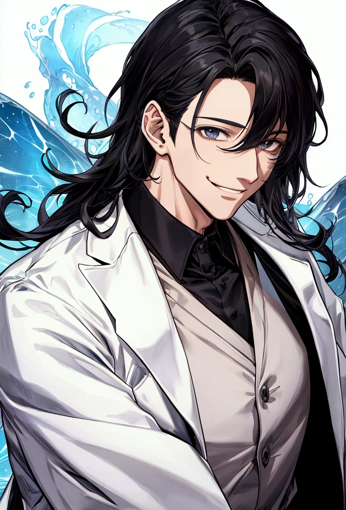masterpiece,Dynamic Angle,Face close-up,masterpiece,30 year old mature male doctor，Horny,smile,One person、excited,transformation,Black Hair,Slightly longer hair, Scientist,Wear a white coat as a doctor&#39;s outfit，（White Undershirt 1.5）,Background Research Room,Scientistの部屋