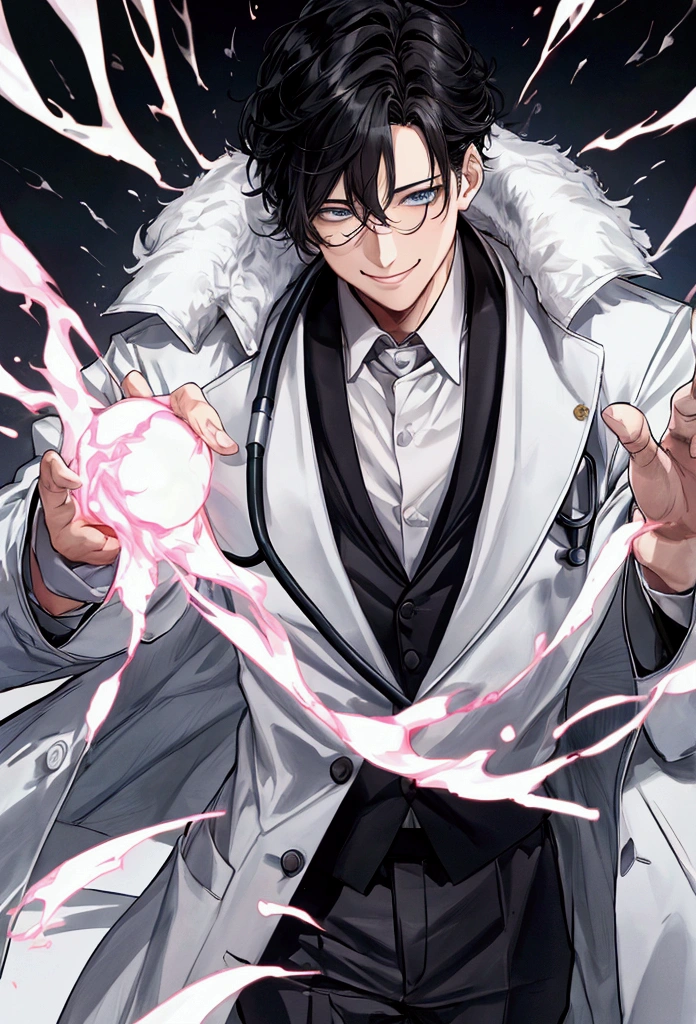 masterpiece,Dynamic Angle,Face close-up,masterpiece,30 year old mature male doctor，Horny,smile,One person、excited,transformation,Black Hair,Slightly longer hair, Scientist,Wear a white coat as a doctor&#39;s outfit，（White Undershirt 1.5）,Background Research Room,Scientistの部屋